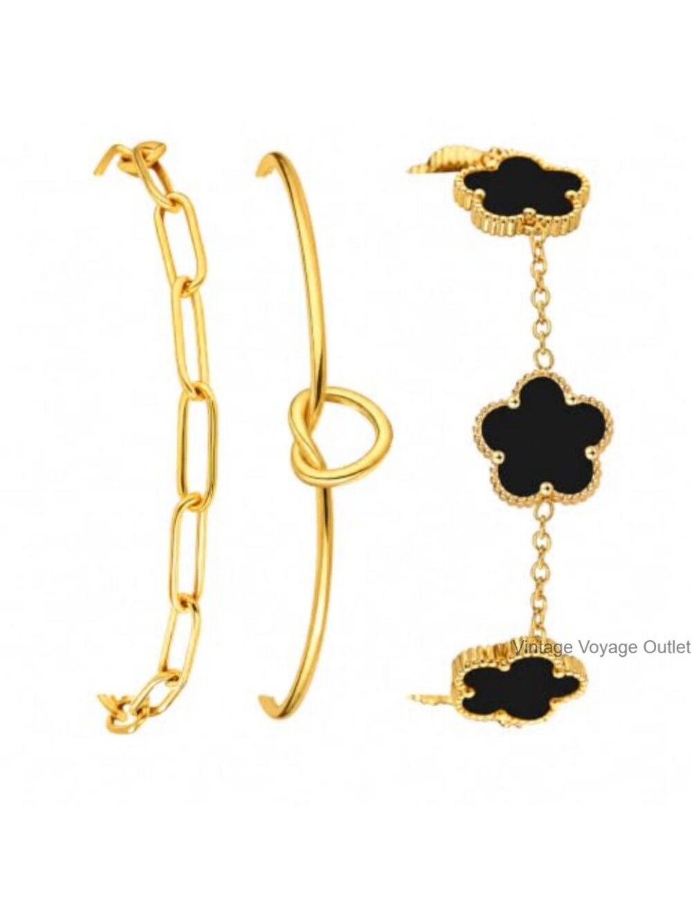 18K Gold Plated Stainless Steel Bracelet Set Five Leaf Clover Knot Cuff